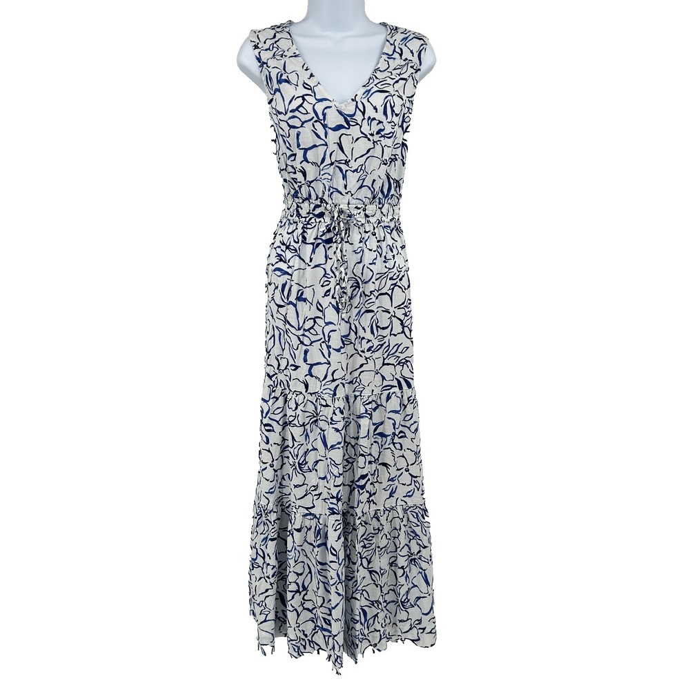 Sonoma Tiered Floral Coastal Cottage Midi Dress Womens L Prairie Peasant Blue